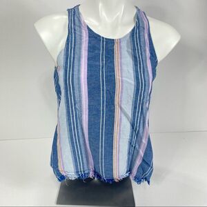 Drew Linen Blend Striped Tank Blouse With Fringe Hem